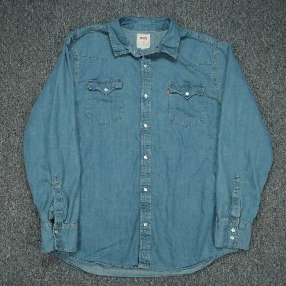 Levis Shirt Men Extra Large Blue Barstow Denim Western Pearl Snap Long Sleeve XL